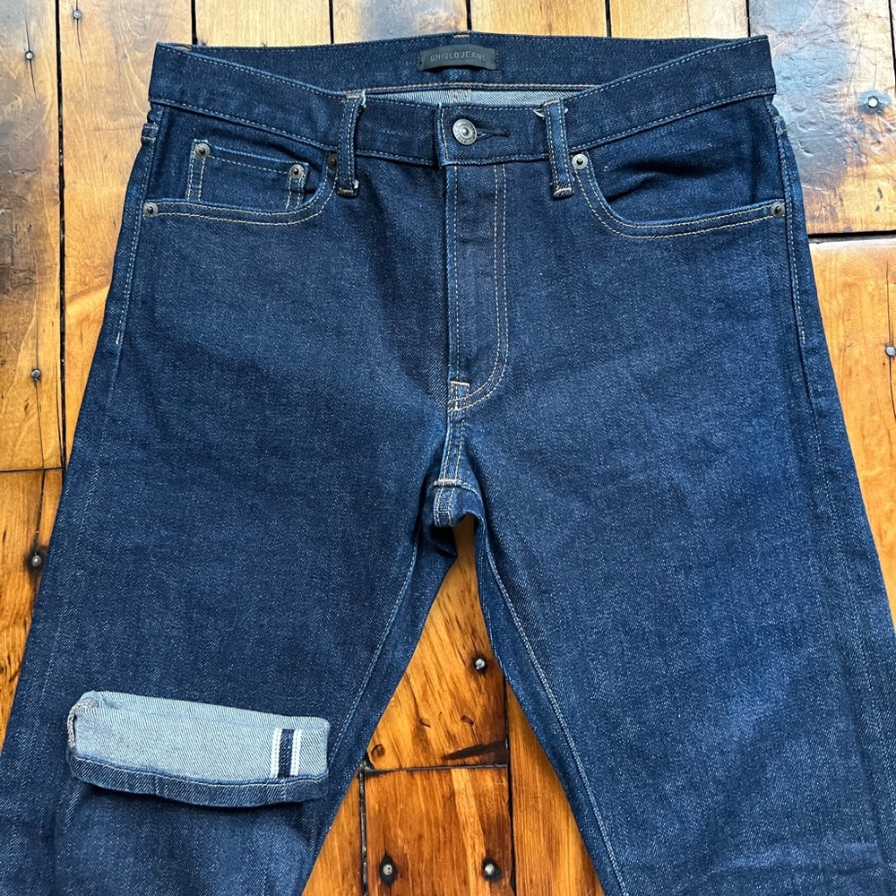 Uniqlo Jeans Mens 31x30* Kaihara Selvedge Denim Slim Straight Dark Wash Stretch